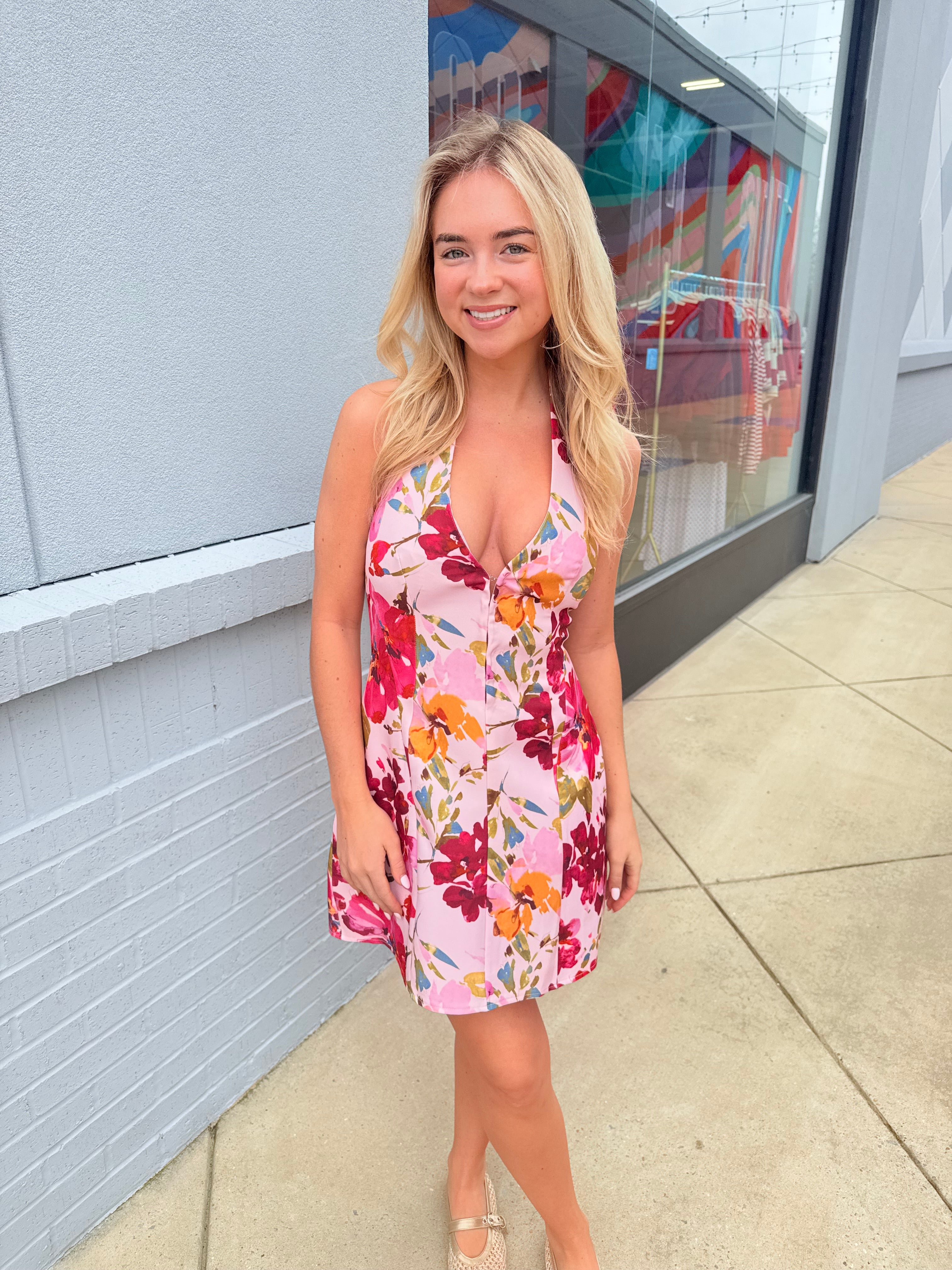 Pink Multi Floral Halter Cocktail Dress – Cobalt's Boutique